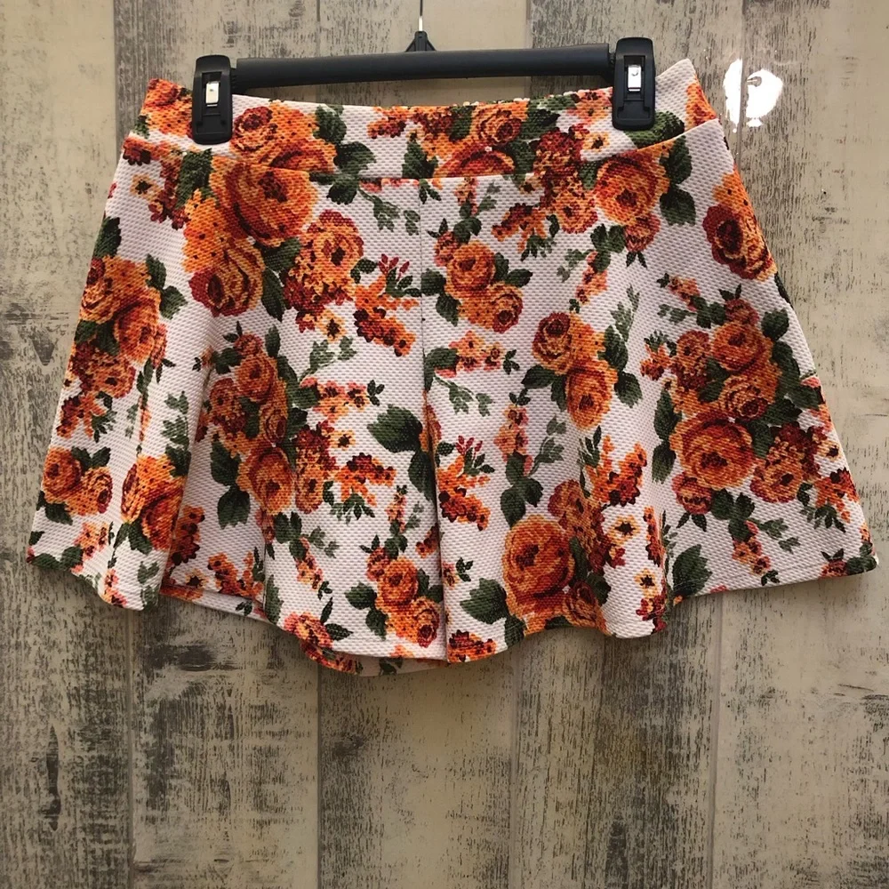 POETRY Orange Floral Shorts Skort Large Slip On‎ Summer Spring Flirty Flowy Cute